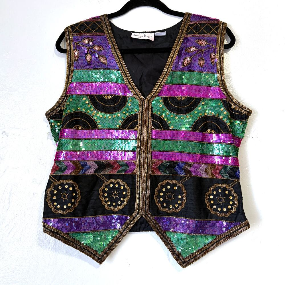 Vintage Lawrence Kazar Beaded Sequin Silk Vest XL Colorful Holiday Party